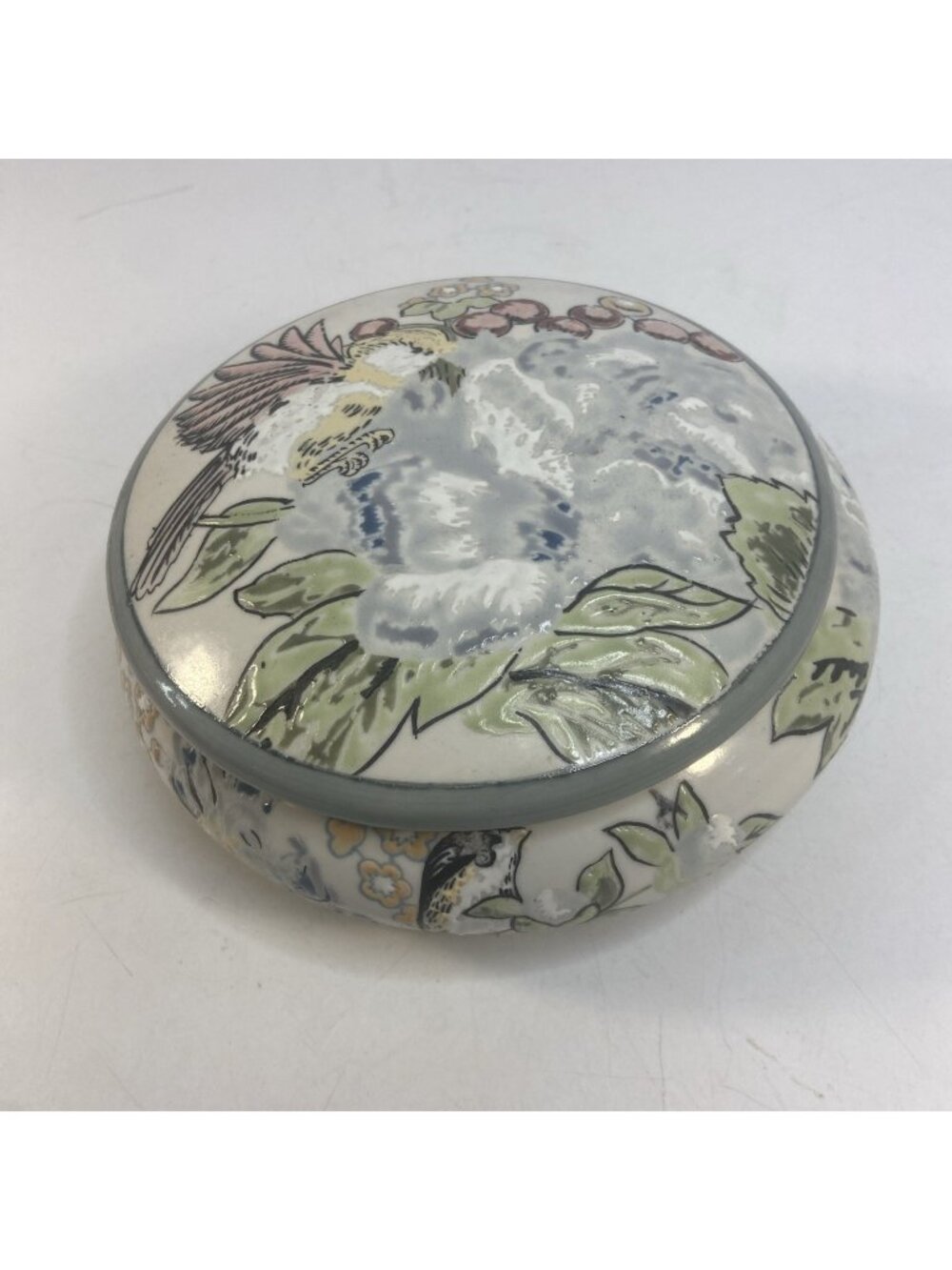 Vtg Chinese Trader Porcelain Lidded Trinket Box Hand Painted Birds Flowers 6.75